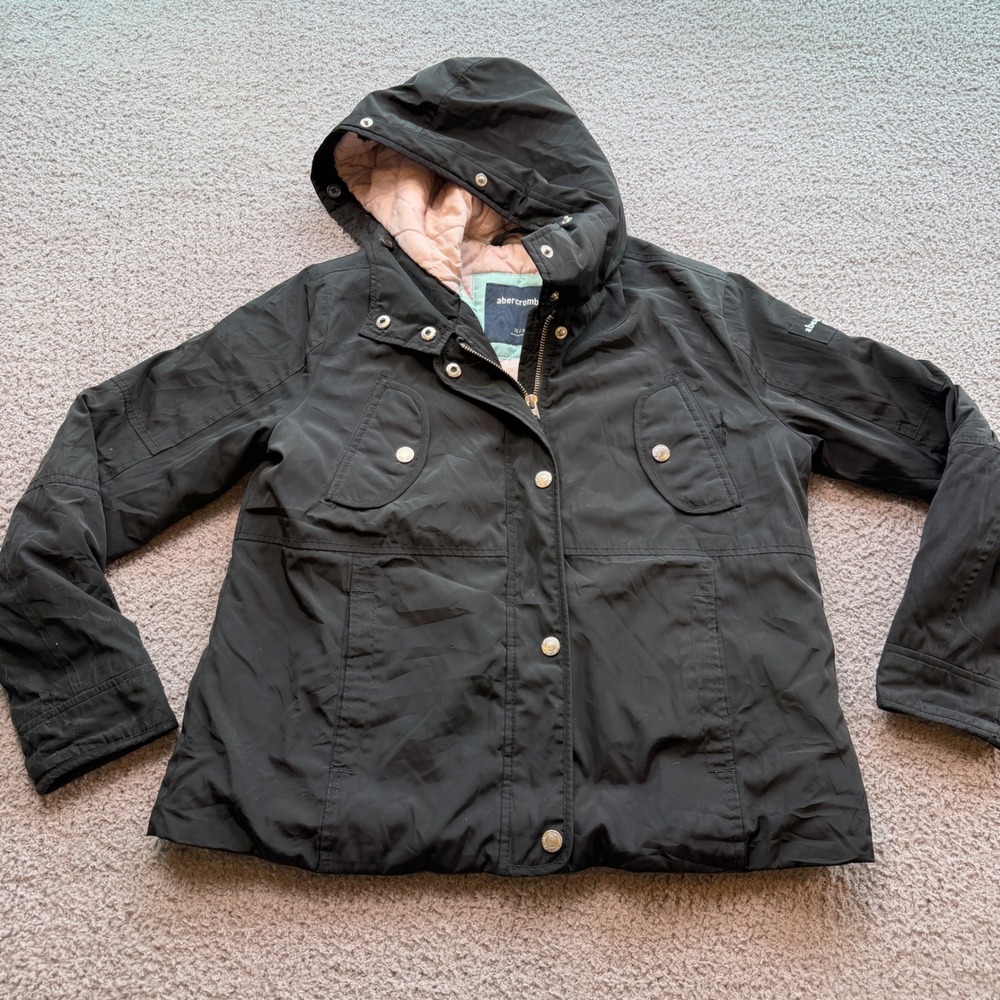 Abercrombie Kids Girls Black Hooded Utility Jacket Quilted Pink Lining 13/14